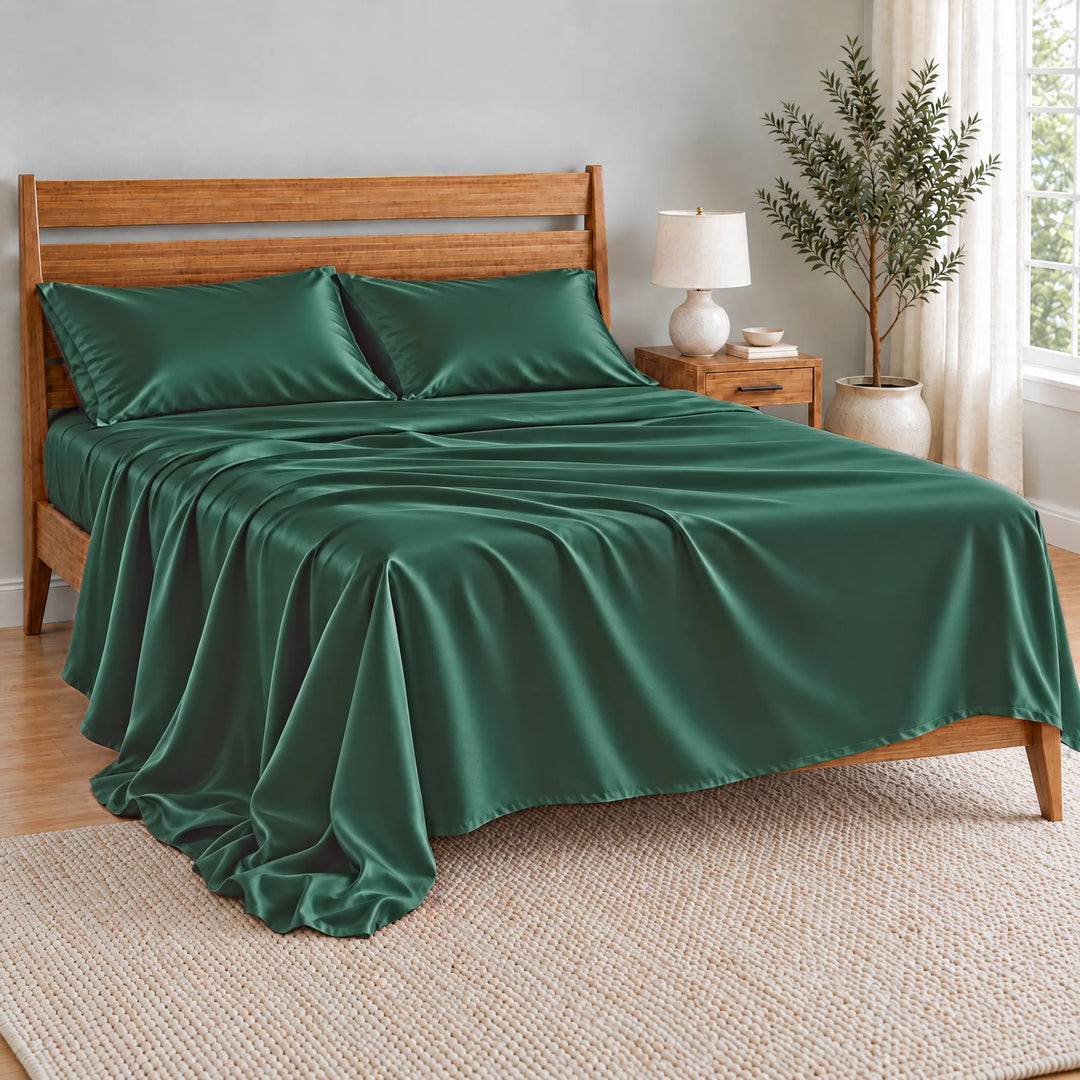 Emerald Green bamboo viscose flat sheet oversized and relaxed, spilling over the side of the bed in soft folds