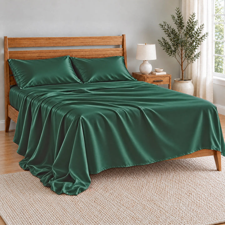 Emerald Green bamboo viscose flat sheet oversized and relaxed, spilling over the side of the bed in soft folds