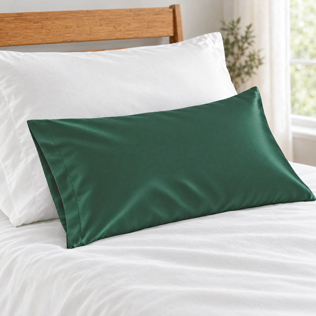 Emerald Green bamboo viscose sateen lumbar pillowcase close-up on white bedding showing the silky sateen finish and stitched hem