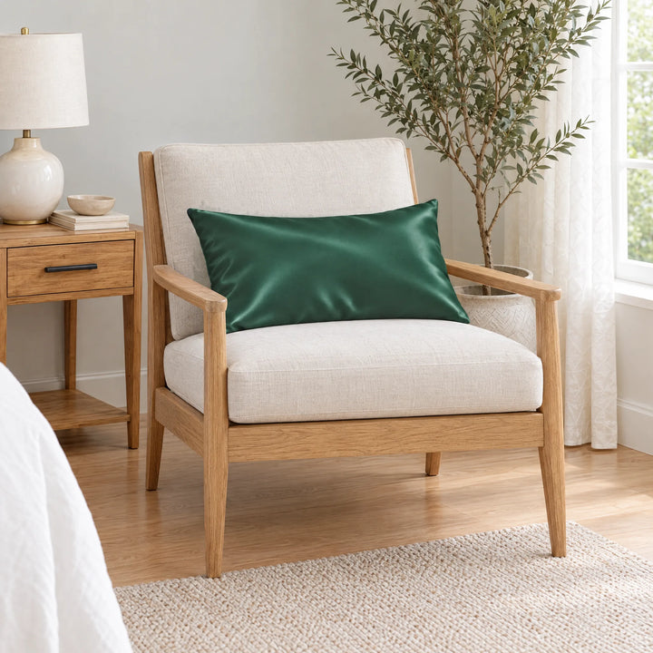 Emerald Green bamboo viscose sateen lumbar pillowcase on a light oak armchair beside a nightstand and olive tree