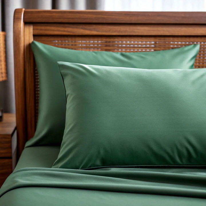 Emerald green bamboo sateen fabric close-up — the cooling weave used in the Toddler Pillowcase