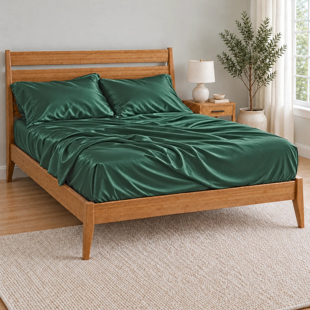 Emerald Green bamboo viscose pillowcases on a relaxed, softly rumpled bed in a bright bamboo bedroom
