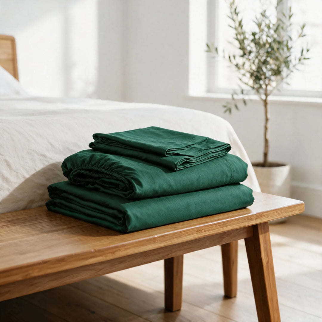 emerald green bamboo viscose sheet set folded on a bench: flat sheet, fitted sheet and pillowcases