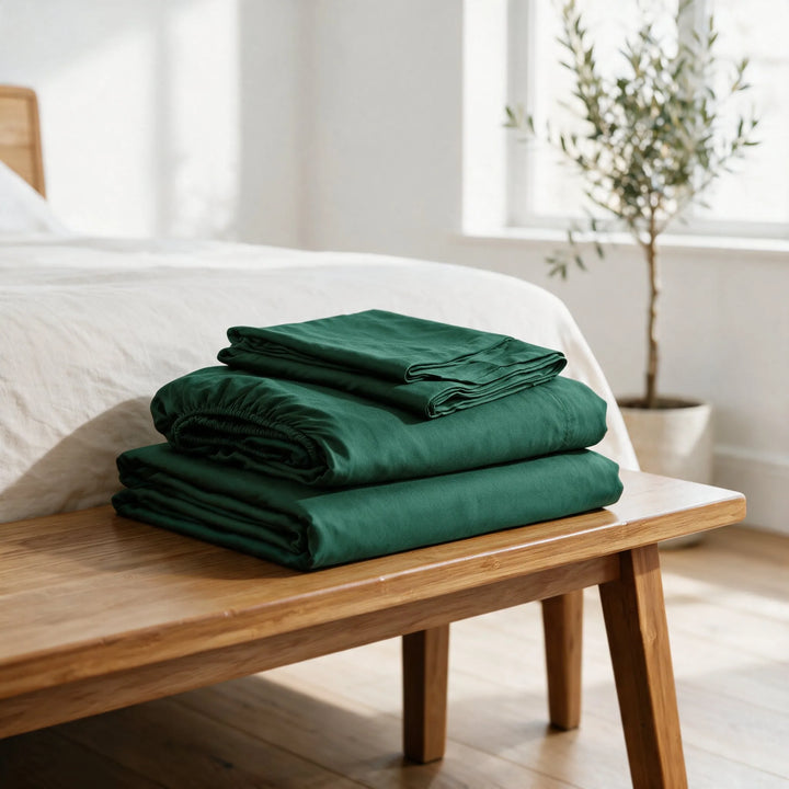 emerald green bamboo viscose sheet set folded on a bench: flat sheet, fitted sheet and pillowcases