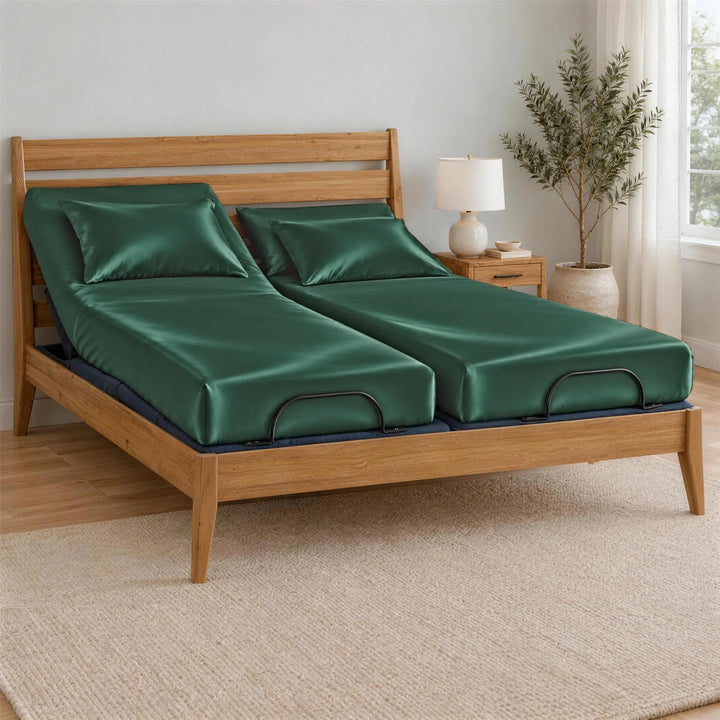 Emerald green bamboo viscose Split King sheets on two separate twin XL mattresses, BT3000 Split King adjustable base in a Greenington Sienna bamboo frame