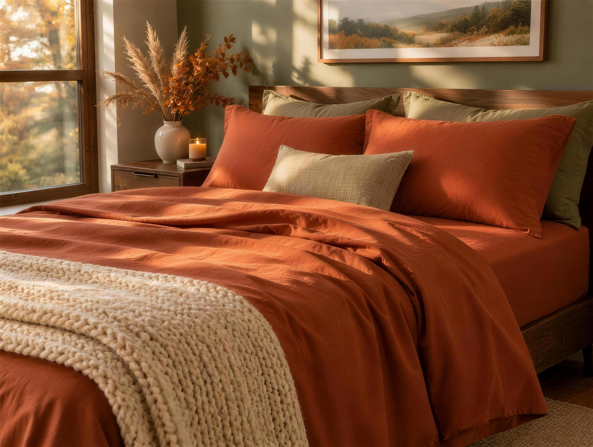 Bamboo Is Better cooling bamboo sheets, rust color, styled fall bedroom scene