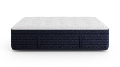 Flat front render of the Generations 2.0 Luxe Hand-Tufted Latex Hybrid Mattress with white quilted Tencel top and navy base on a white background