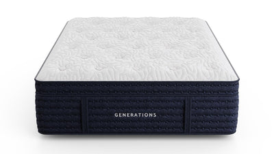 Front view of the Generations 2.0 Luxe Hand-Tufted Latex Hybrid Mattress with white quilted Tencel top and navy base on a white background
