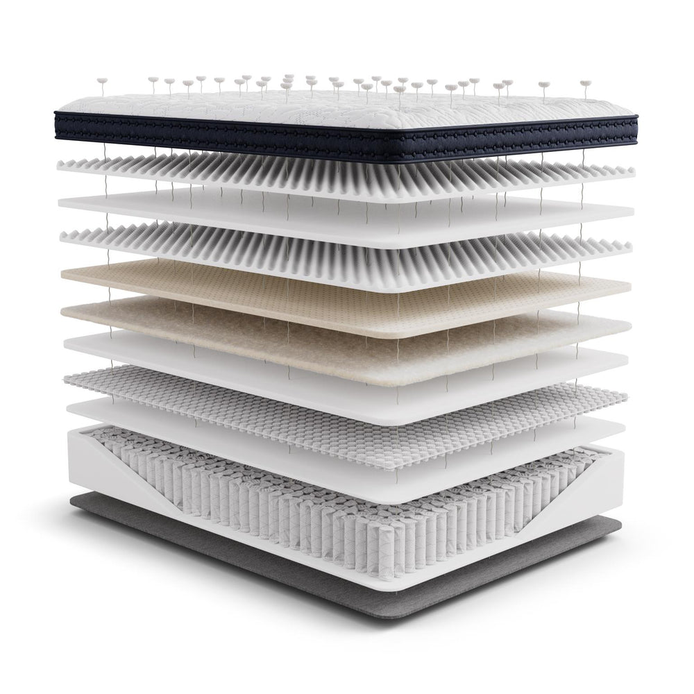 Cross-section of the Generations 2.0 Luxe Hand-Tufted Latex Hybrid Mattress showing layered construction of Tencel cover, natural latex, organic wool, micro coils, and individually wrapped coils for breathable support