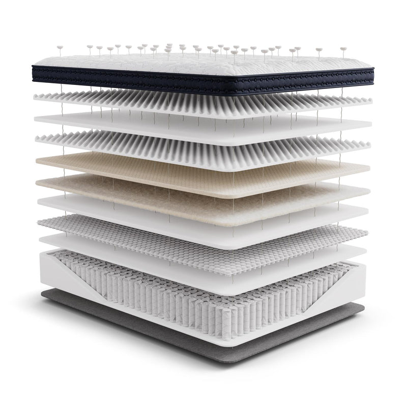 Cross-section of the Generations 2.0 Luxe Hand-Tufted Latex Hybrid Mattress showing layered construction of Tencel cover, natural latex, organic wool, micro coils, and individually wrapped coils for breathable support