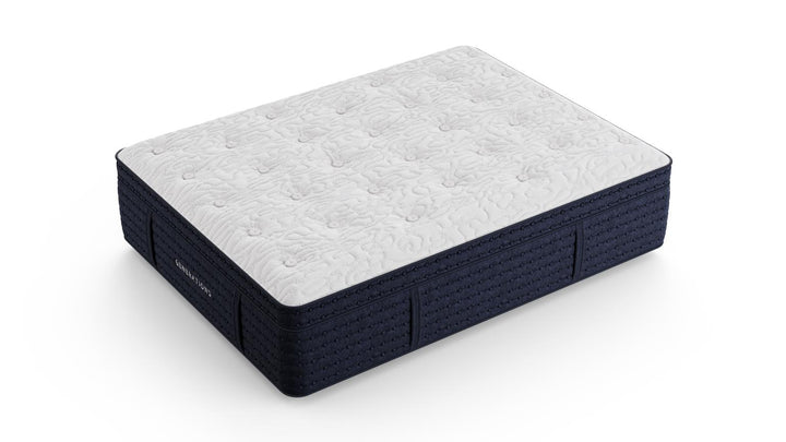 Angled render of the Generations 2.0 Luxe Hand-Tufted Latex Hybrid Mattress highlighting quilted Tencel surface and navy base on a white background