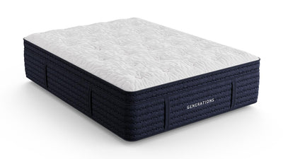 Side angle render of the Generations 2.0 Luxe Hand-Tufted Latex Hybrid Mattress with quilted Tencel top and navy base on a white background