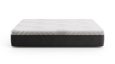 Front view of the Gilded Mattress with a white and gray quilted top and dark gray base on a white background.