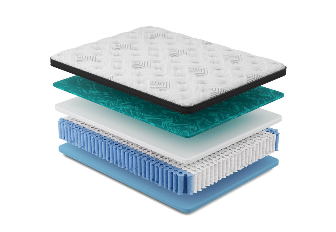 Cross-section of the Gilded Mattress in queen size and medium firmness, showing cooling fabric, gel swirl memory foam, comfort layers, and support coils on a white background.