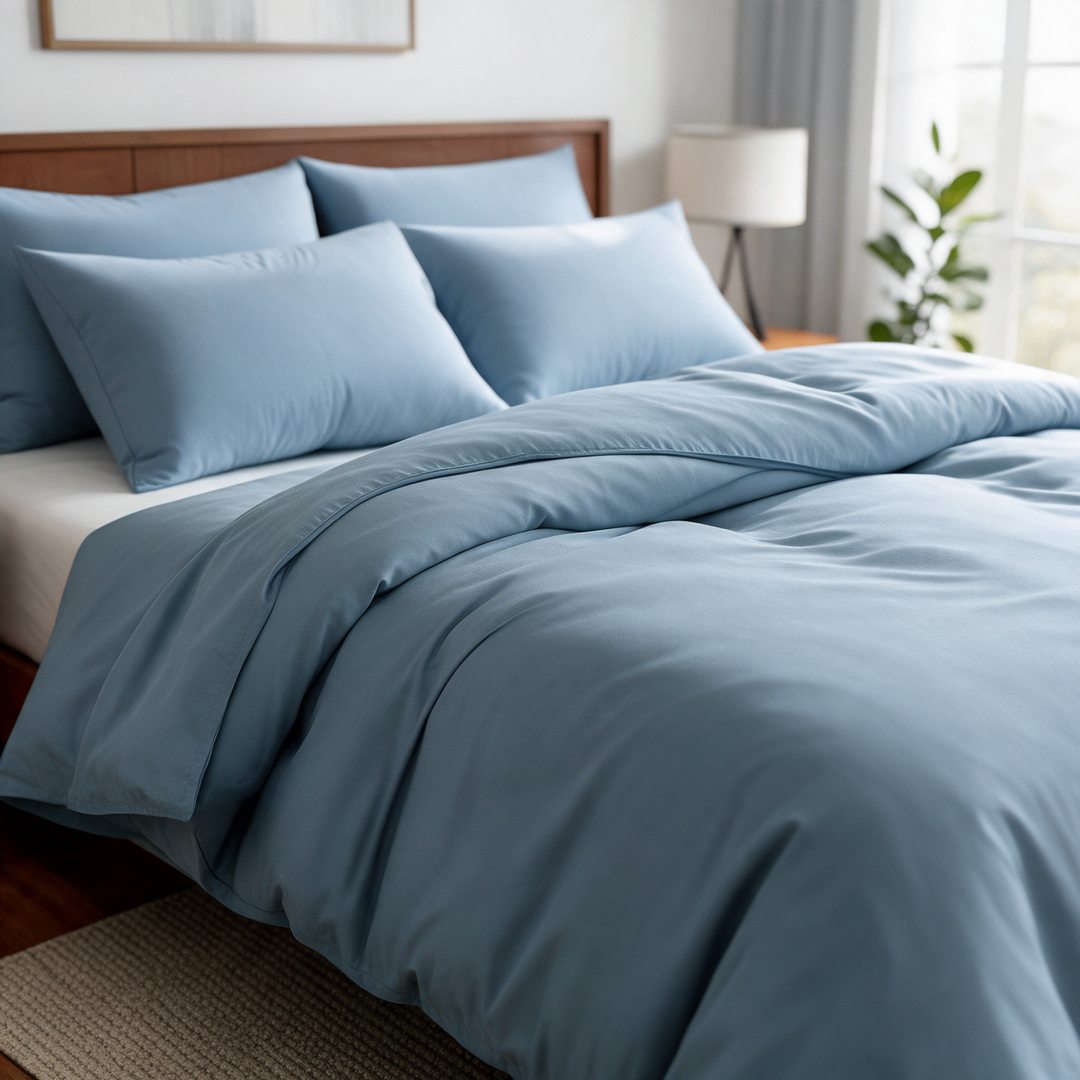 Dusty Blue copper-infused bamboo viscose duvet cover on a walnut bed, alternate three-quarter angle from the foot of the bed.