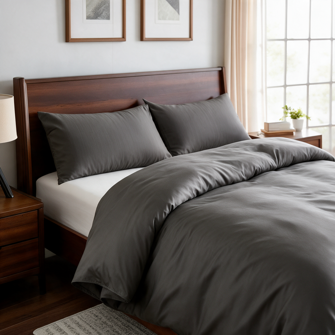 Graphite Gray copper-infused bamboo viscose duvet cover on a walnut bed, alternate three-quarter angle from the foot of the bed.