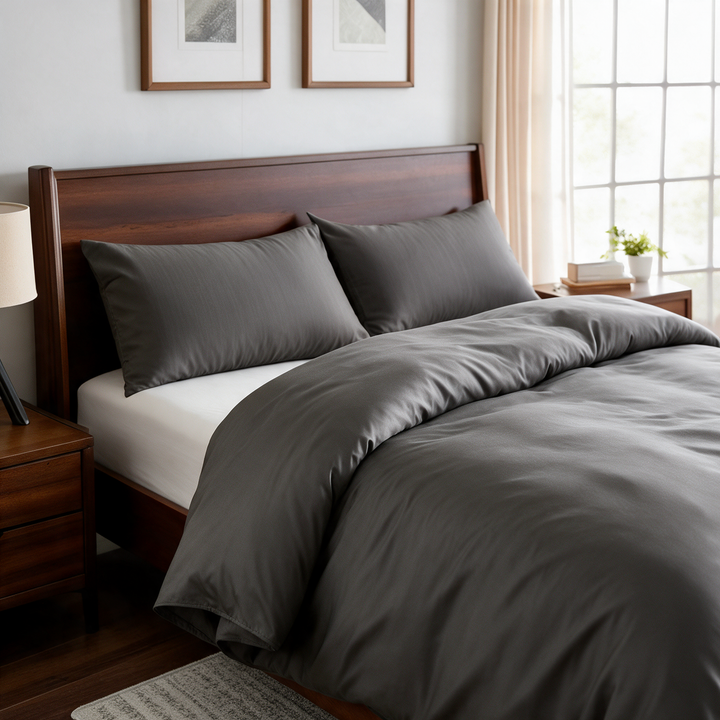 Graphite Gray copper-infused bamboo viscose duvet cover on a walnut bed, alternate three-quarter angle from the foot of the bed.