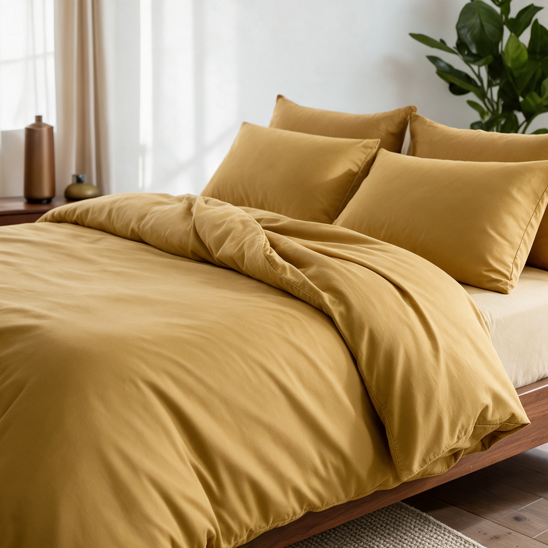 Mustard copper-infused bamboo viscose duvet cover on a walnut bed, alternate three-quarter angle from the foot of the bed.