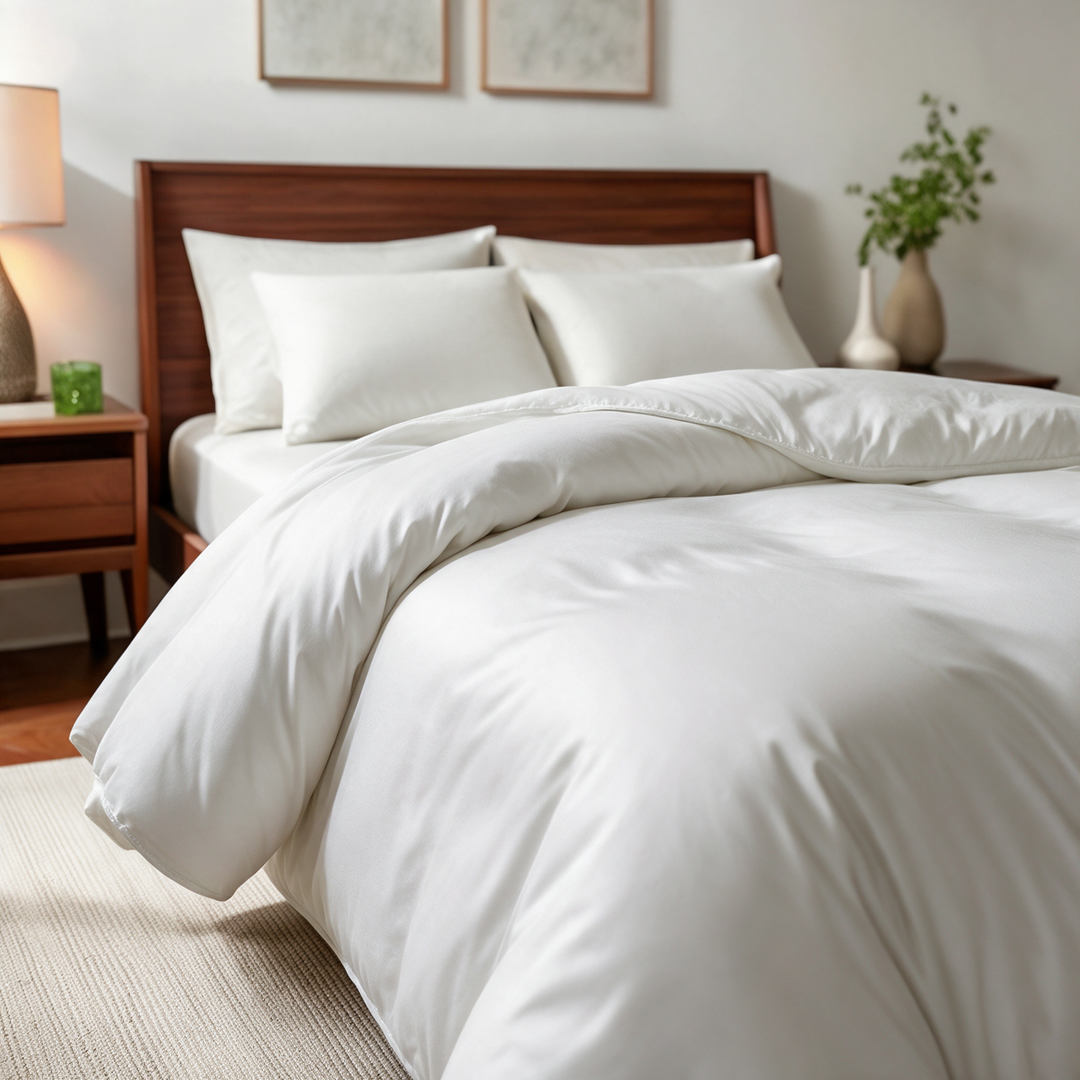 Powder White copper-infused bamboo viscose duvet cover on a walnut bed, alternate three-quarter angle from the foot of the bed.