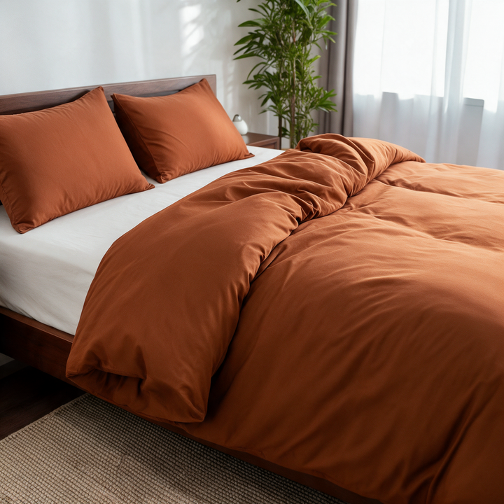 Rust copper-infused bamboo viscose duvet cover on a walnut bed, alternate three-quarter angle from the foot of the bed.
