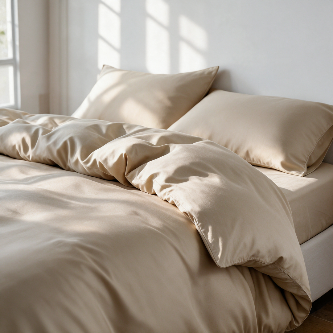 Summer Sand copper-infused bamboo viscose duvet cover on a walnut bed, alternate three-quarter angle from the foot of the bed.