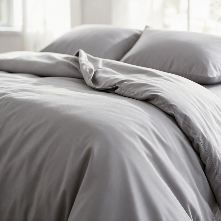 Feather Gray copper-infused bamboo viscose duvet cover on a walnut bed, alternate three-quarter angle from the foot of the bed.