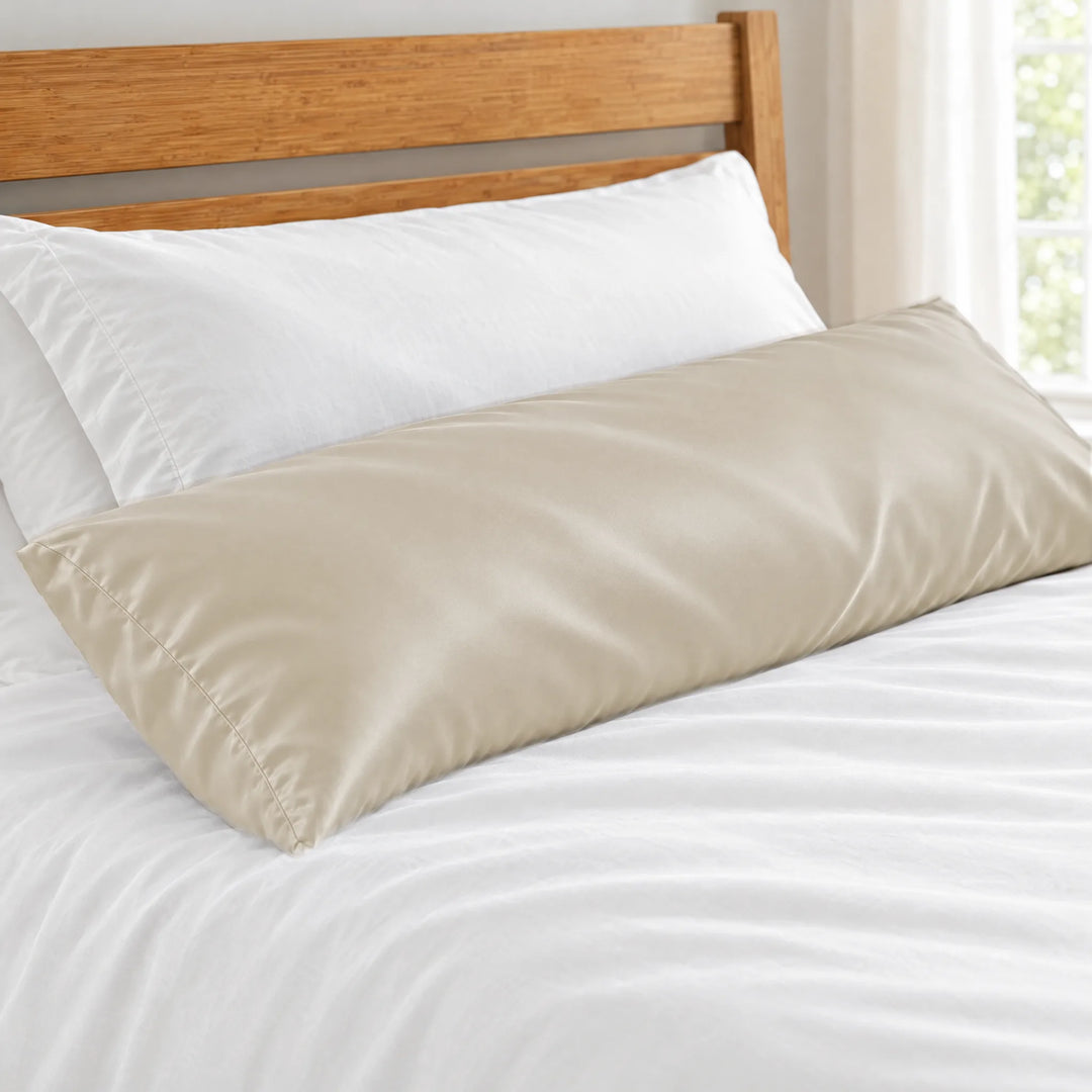 Ivory bamboo viscose sateen body pillowcase close-up on a body pillow beside a white sleeping pillow, silky sateen finish
