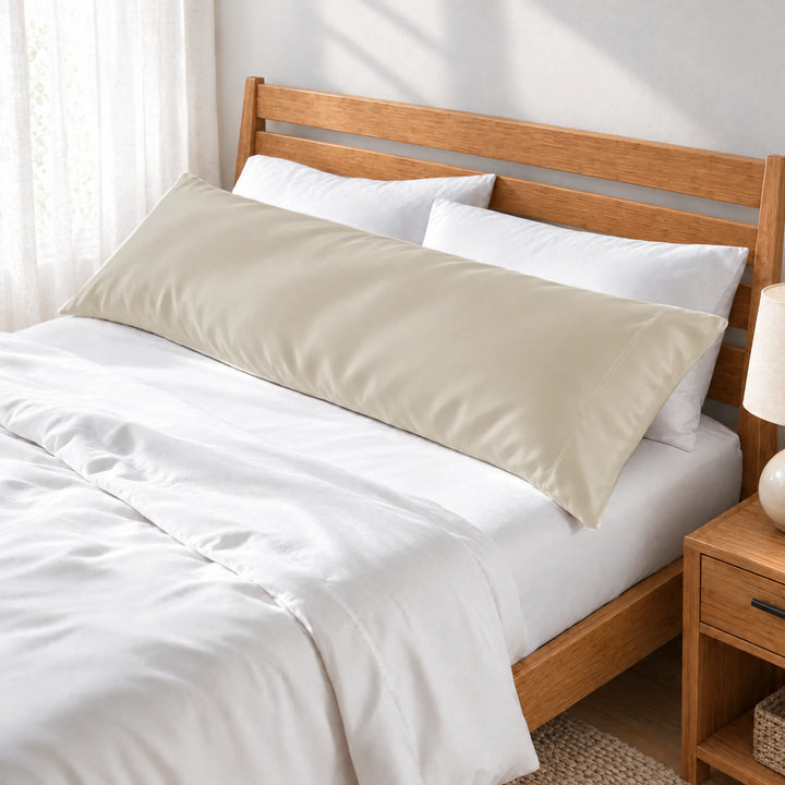Ivory bamboo viscose sateen body pillowcase along the headboard of a made bed, three-quarter view from the foot of the bed