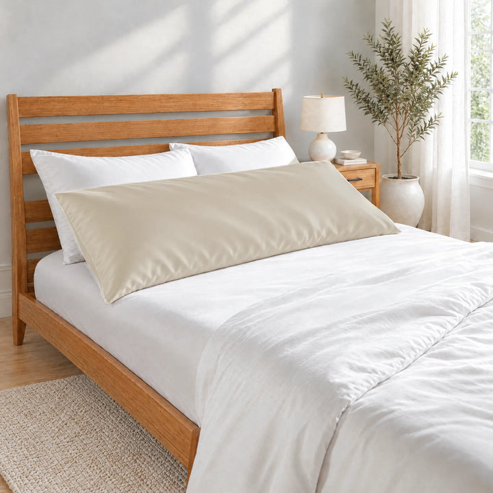 Ivory bamboo viscose sateen body pillowcase lying in front of white pillows on a made bed with a honey bamboo headboard in a bright bedroom