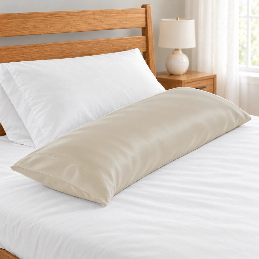 Ivory bamboo viscose sateen body pillowcase close-up of the stitched hem beside a white pillow on a made bed, honey bamboo headboard and lamp in soft focus