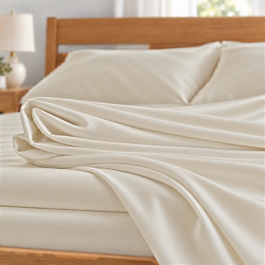 Ivory bamboo viscose sateen fabric close-up of folded sheets and a body pillowcase, silky sateen finish