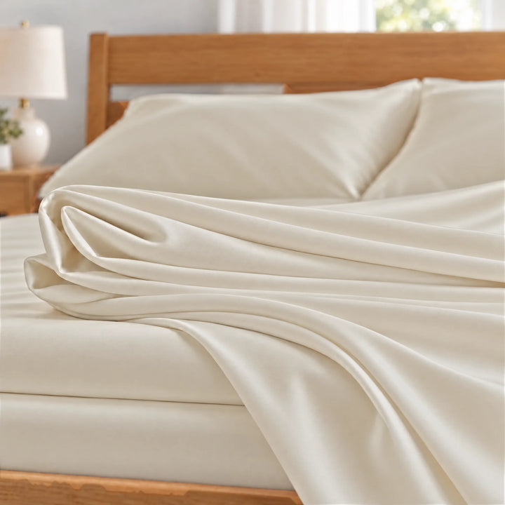 Ivory bamboo viscose sateen fabric close-up of folded sheets and a body pillowcase, silky sateen finish