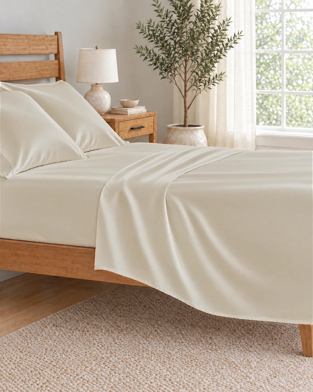 Ivory bamboo viscose flat sheet pulled back in a soft morning drape over the mattress