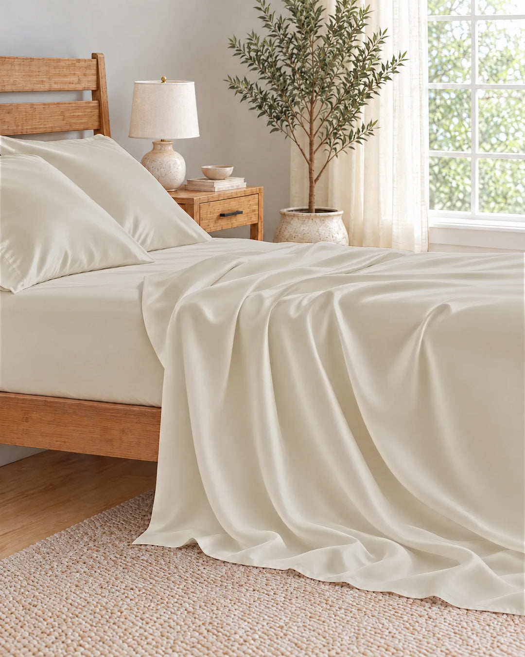 Ivory bamboo viscose flat sheet cascading in deep soft folds down the side of the mattress