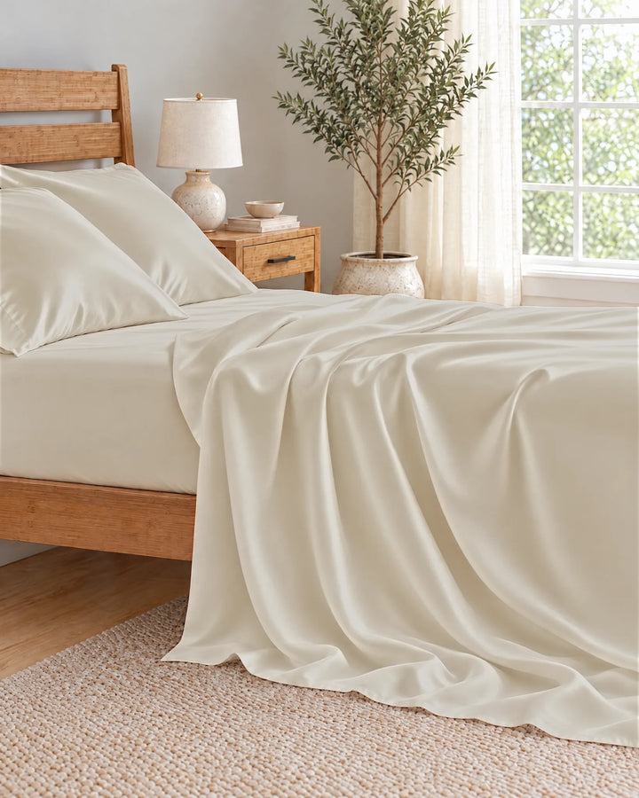 Ivory bamboo viscose flat sheet cascading in deep soft folds down the side of the mattress