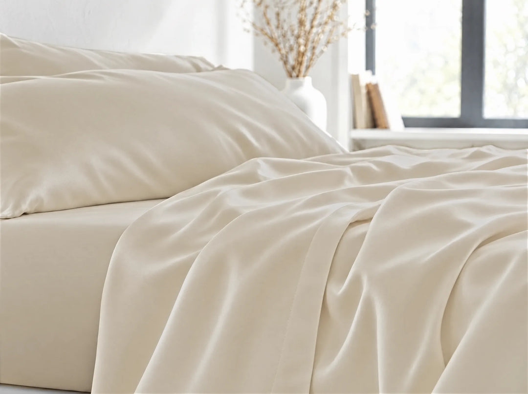 Ivory bamboo viscose flat sheet close-up billowing over the mattress edge in relaxed sateen folds