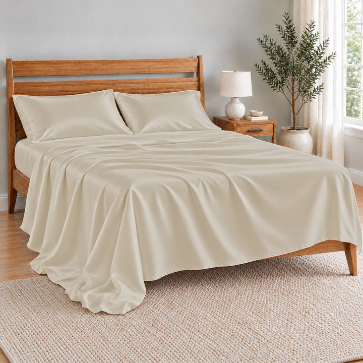 Ivory bamboo viscose flat sheet oversized and relaxed, spilling over the side of the bed in soft folds