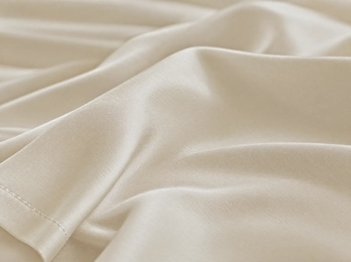 Ivory bamboo viscose flat sheet macro close-up of smooth silky sateen folds and a stitched hem