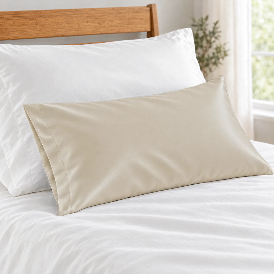Ivory bamboo viscose sateen lumbar pillowcase close-up on white bedding showing the silky sateen finish and stitched hem
