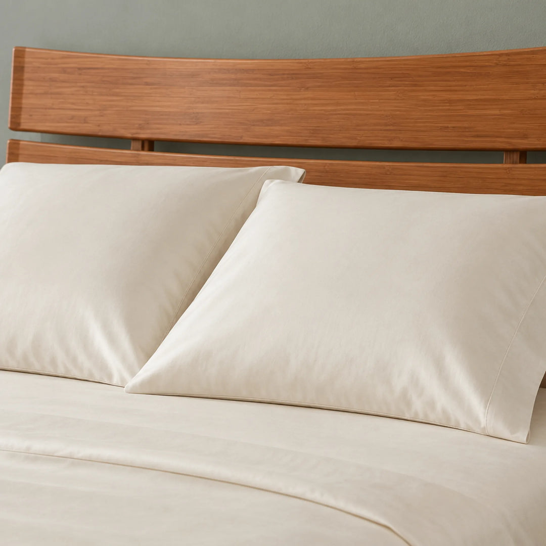 ivory bamboo viscose sateen pillowcases against a slatted bamboo headboard, showing the soft sateen sheen