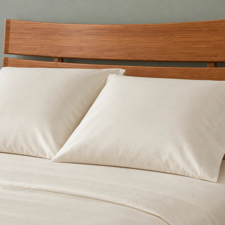 ivory bamboo viscose sateen pillowcases against a slatted bamboo headboard, showing the soft sateen sheen