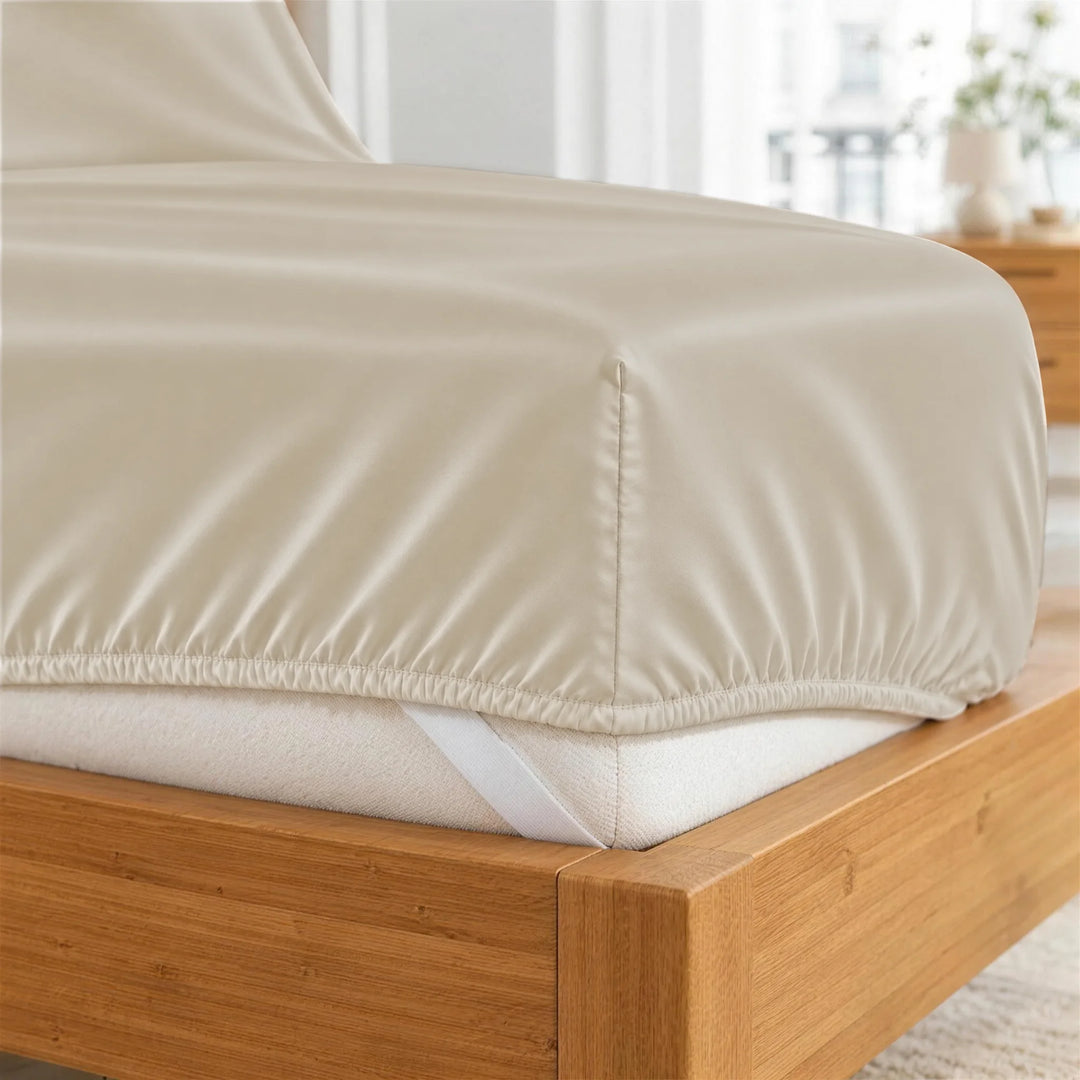 Ivory bamboo viscose fitted sheet deep-pocket corner close-up with all-around elastic and a corner strap, from the sheet set