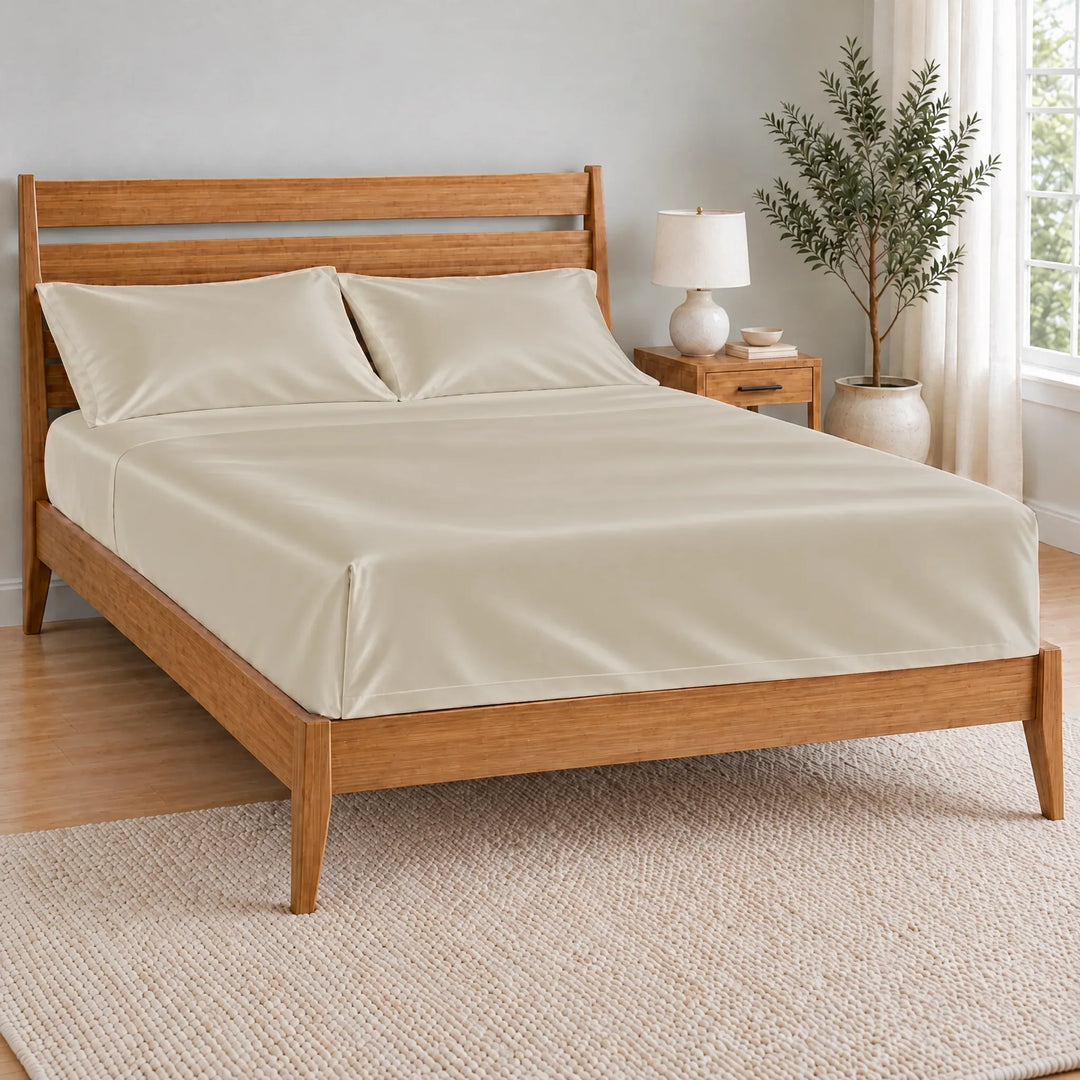 Ivory bamboo viscose flat sheet with a tucked hospital corner on a made bed, from the sheet set