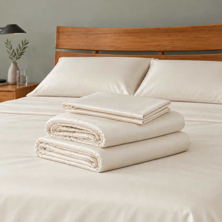 ivory bamboo viscose sheet set folded on a made bed: flat sheet, fitted sheet and pillowcases