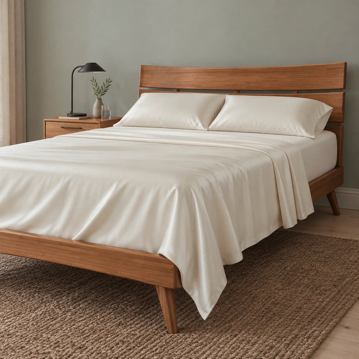 ivory bamboo viscose sateen sheet set on a warm amber bamboo bed with a slatted headboard in a sage bedroom