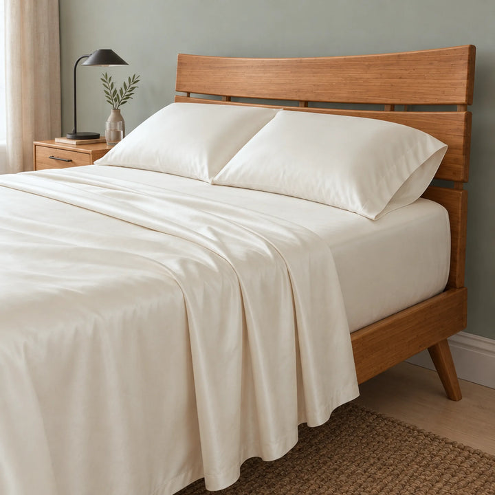 ivory bamboo viscose sateen sheet set, three-quarter view with the flat sheet pulled back over the fitted sheet