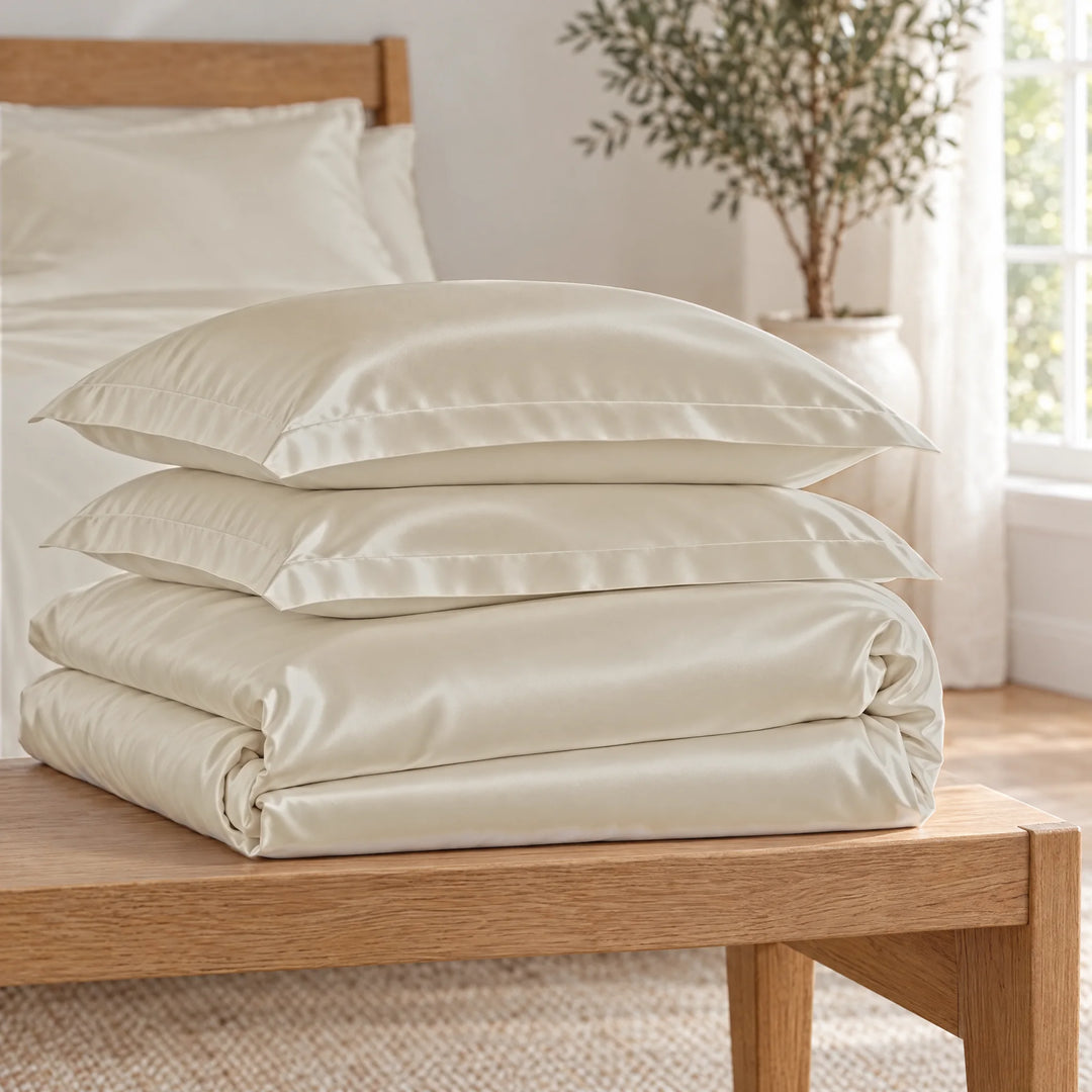 Ivory bamboo viscose Signature duvet cover and two shams, neatly folded in a stack on an oak bench