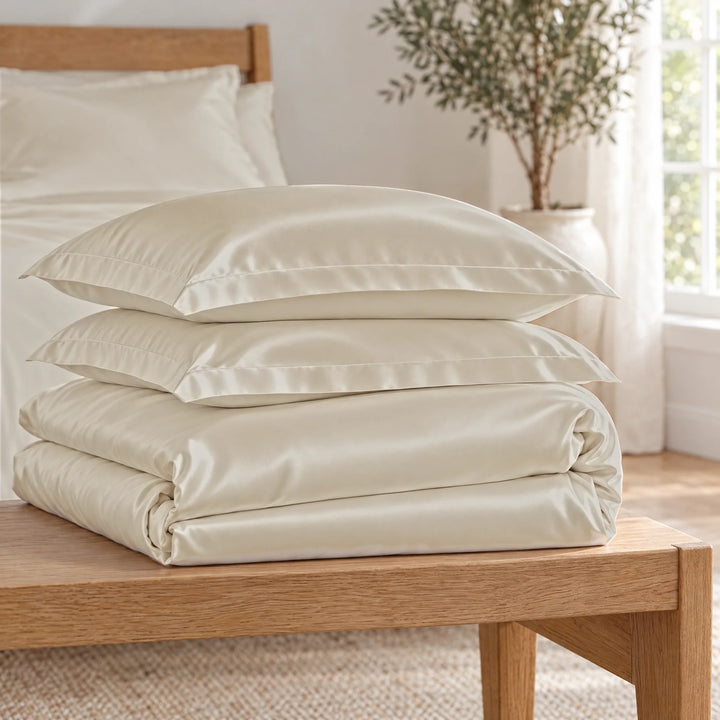 Ivory bamboo viscose Signature duvet cover and two shams, neatly folded in a stack on an oak bench