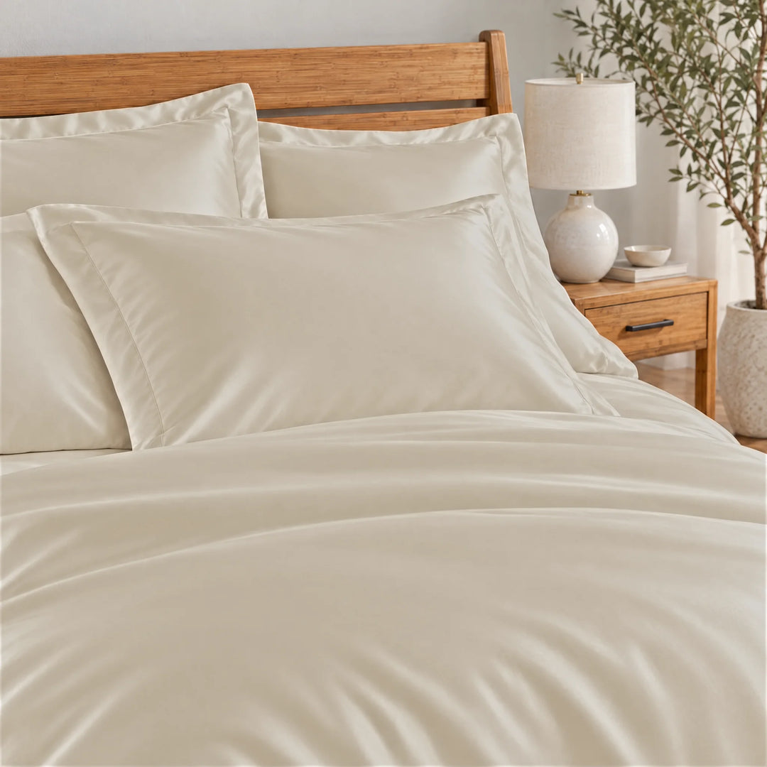 Ivory bamboo viscose Signature duvet cover, close-up of the matching pillow shams in smooth silky sateen