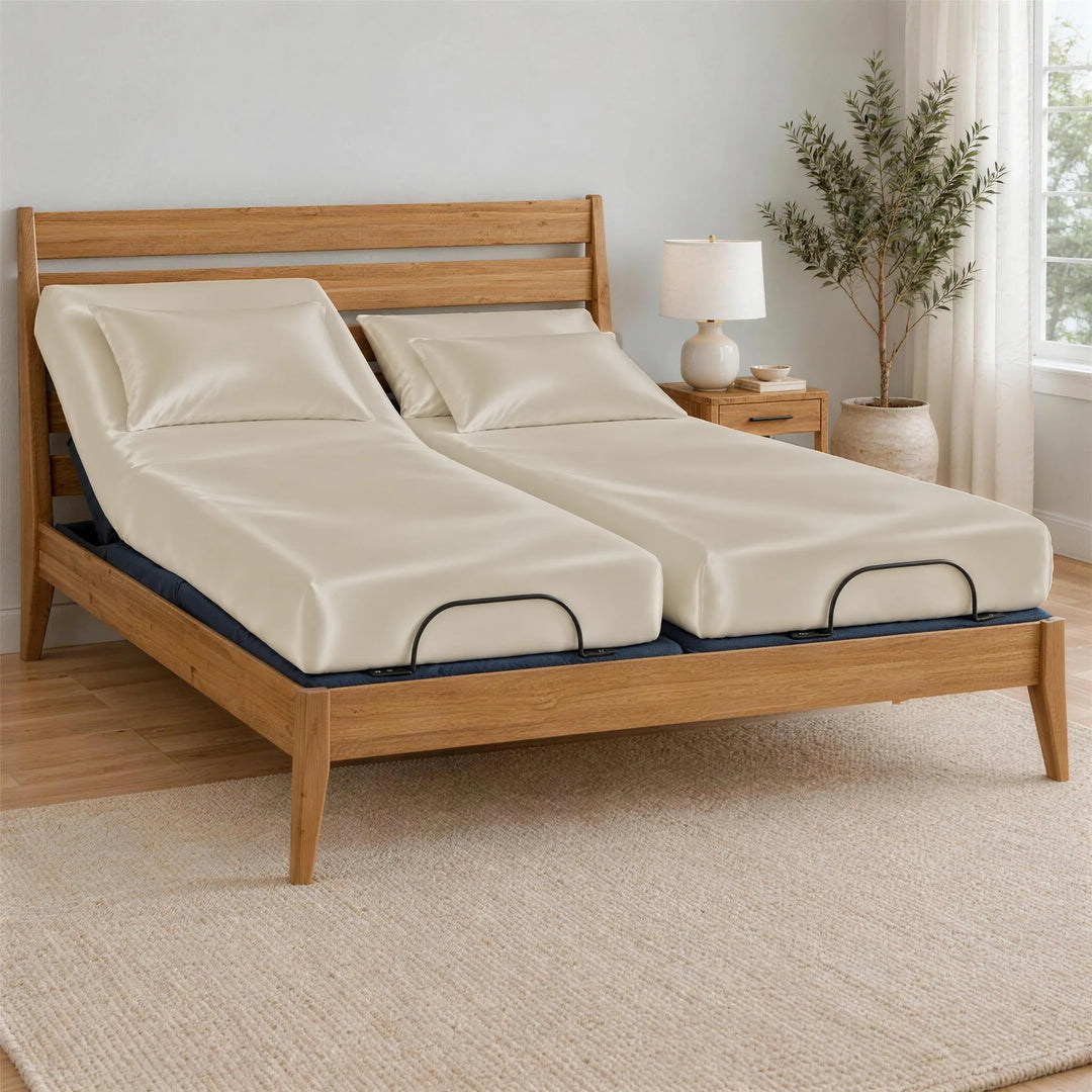 Ivory bamboo viscose Split King sheets on two separate twin XL mattresses, BT3000 Split King adjustable base in a Greenington Sienna bamboo frame